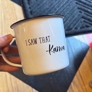 White Enamel Mug with Karma Print